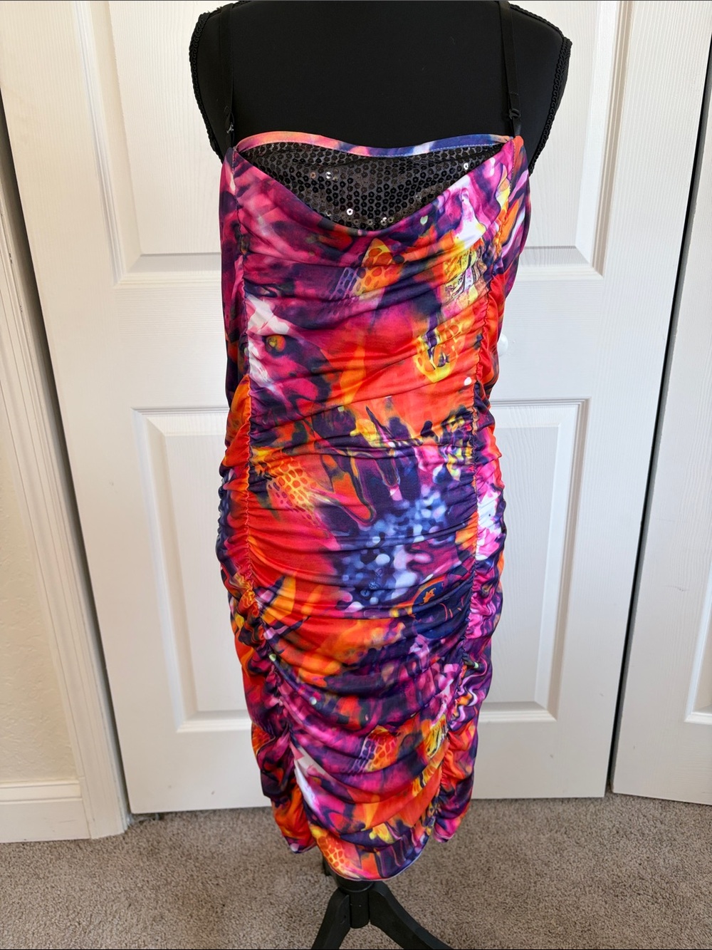 Vintage Y2K Apple Bottoms Multicolor Ruched Slip Dress Sequins L Club Party